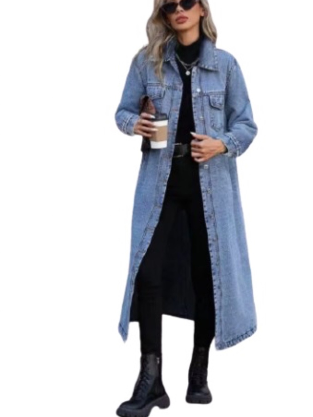 SHEIN Women's 1XL Light Blue Denim Long Sleeve Button-Front Closure Trench Coat